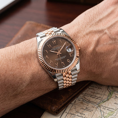 Seikojust Chocolate Two Tones Seiko mod watch – chocolate Arabic-numeral dial, wrist shot
