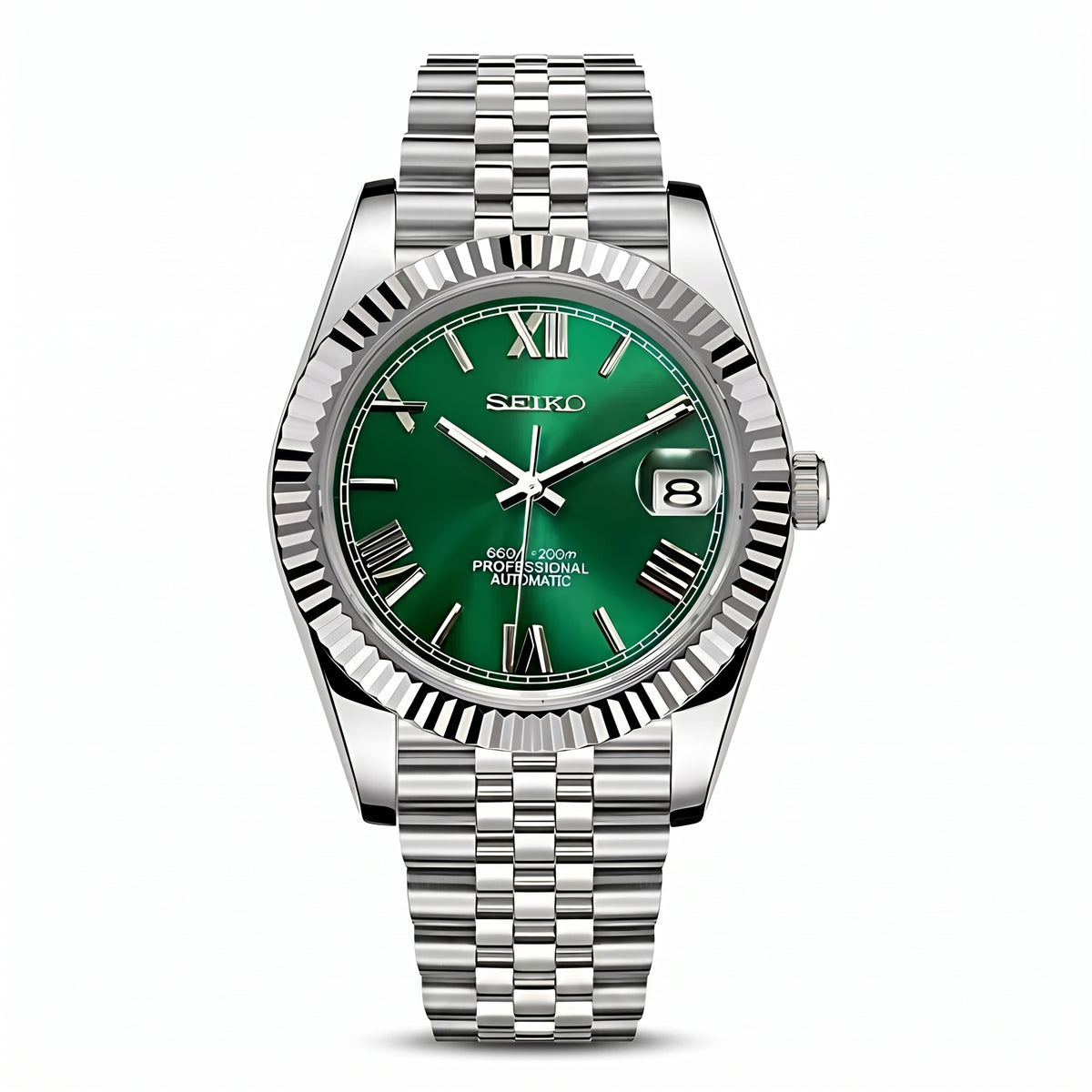 Seikojust Roman Green Dial Seiko mod watch – green Roman dial, front view