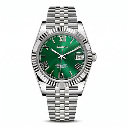 Seikojust Roman Green Dial Seiko mod watch – green Roman dial, front view