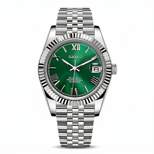 Seikojust Roman Green Dial Seiko mod watch – green Roman dial, front view