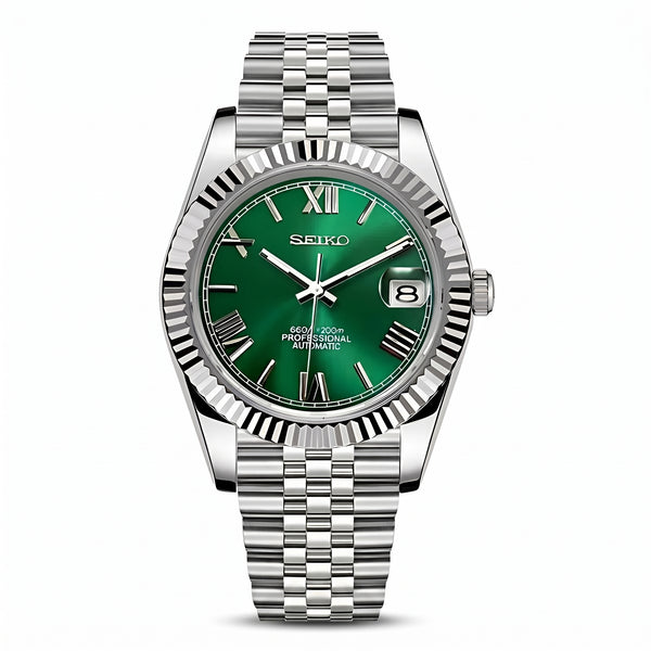 Seikojust Roman Green Dial Seiko mod watch – green Roman dial, front view