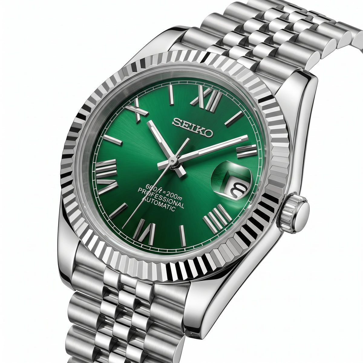 Seikojust Roman Green Dial Seiko mod watch – green Roman dial, side view