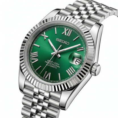 Seikojust Roman Green Dial Seiko mod watch – green Roman dial, side view
