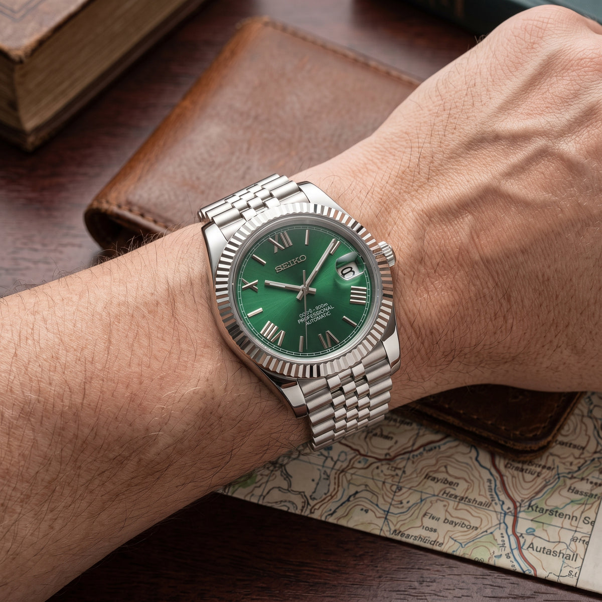 Seikojust Roman Green Dial Seiko mod watch – green Roman dial, wrist shot
