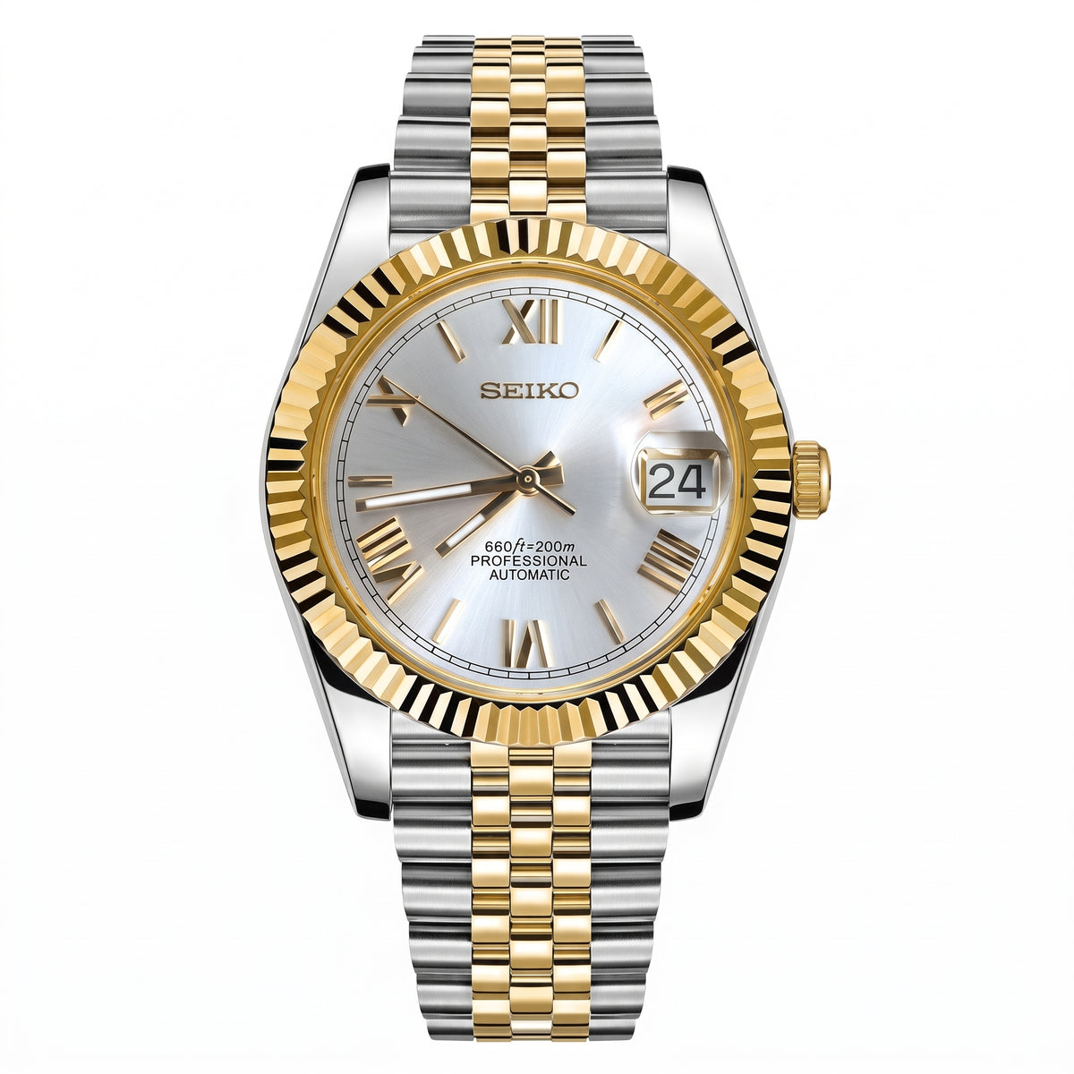 Seikojust Two Tones Gold Seiko mod watch – silver Roman dial, front view