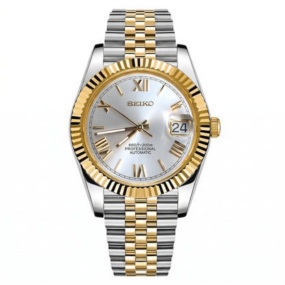 Seikojust Two Tones Gold Seiko mod watch – silver Roman dial, front view
