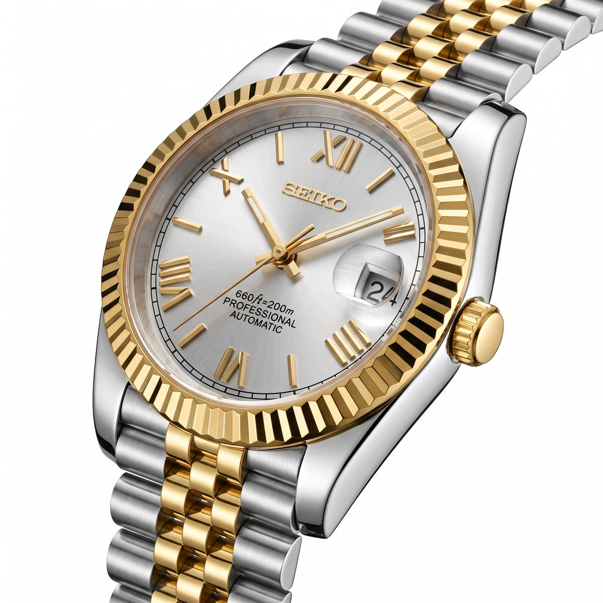 Seikojust Two Tones Gold Seiko mod watch – silver Roman dial, side view