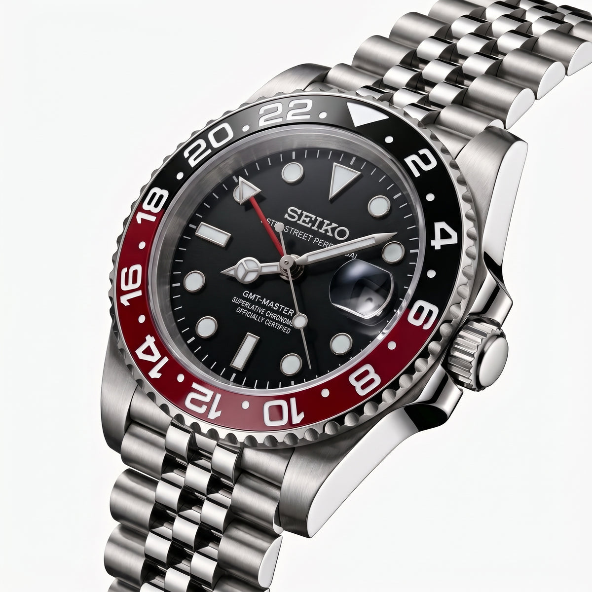 GMTeiko Coke Seiko mod watch – black dial, side view