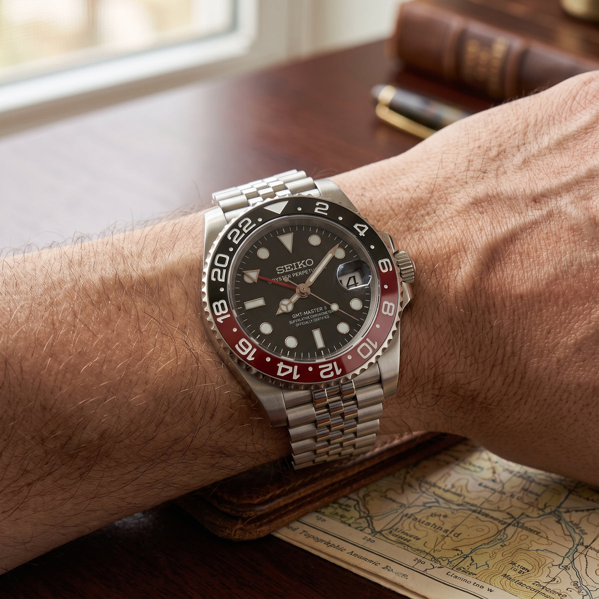 GMTeiko Coke Seiko mod watch – black dial, wrist shot
