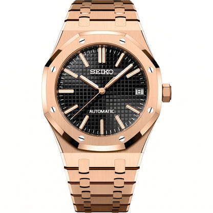 Seikoak Black and Rose Gold Seiko mod watch – black dial, front view
