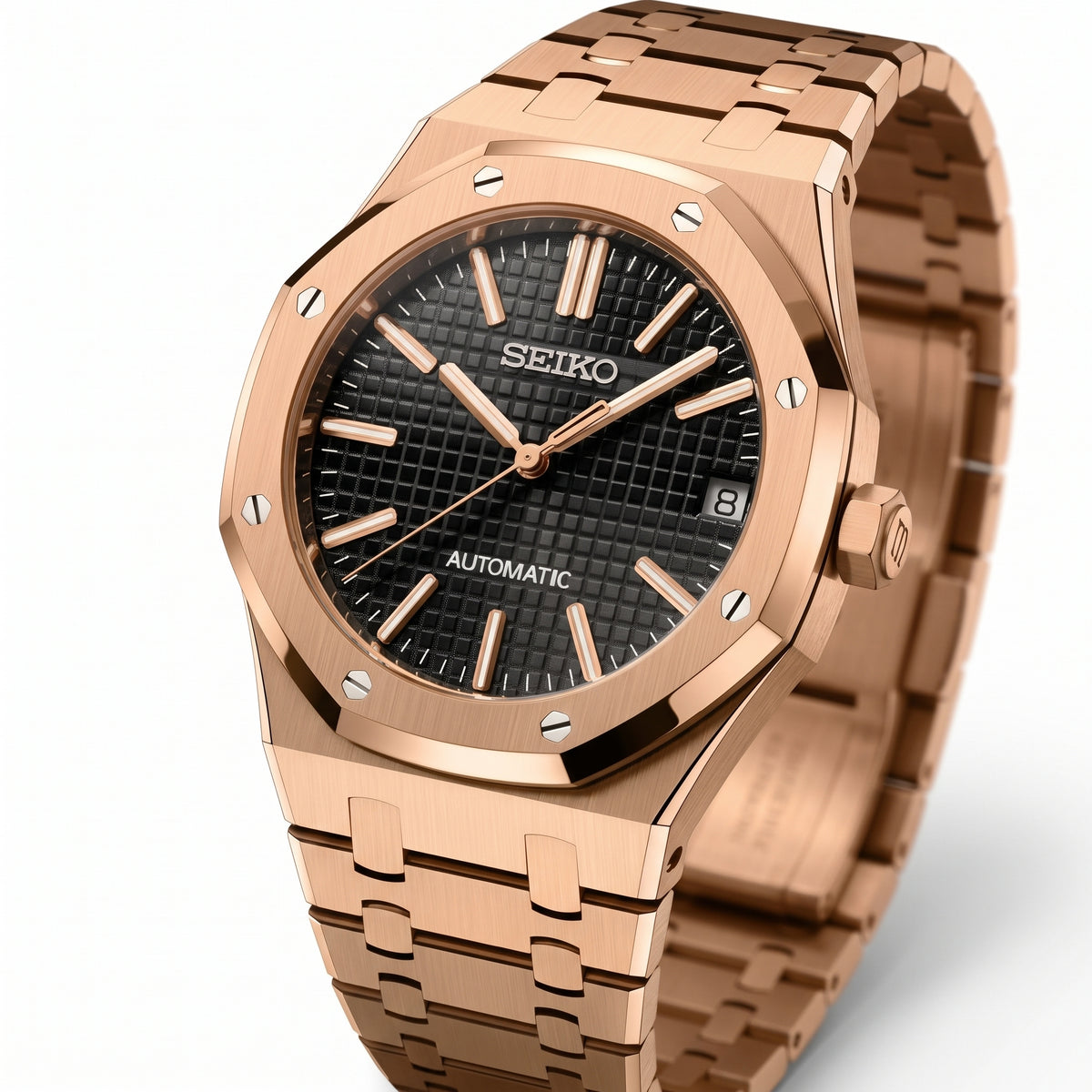 Seikoak Black and Rose Gold Seiko mod watch – black dial, side view