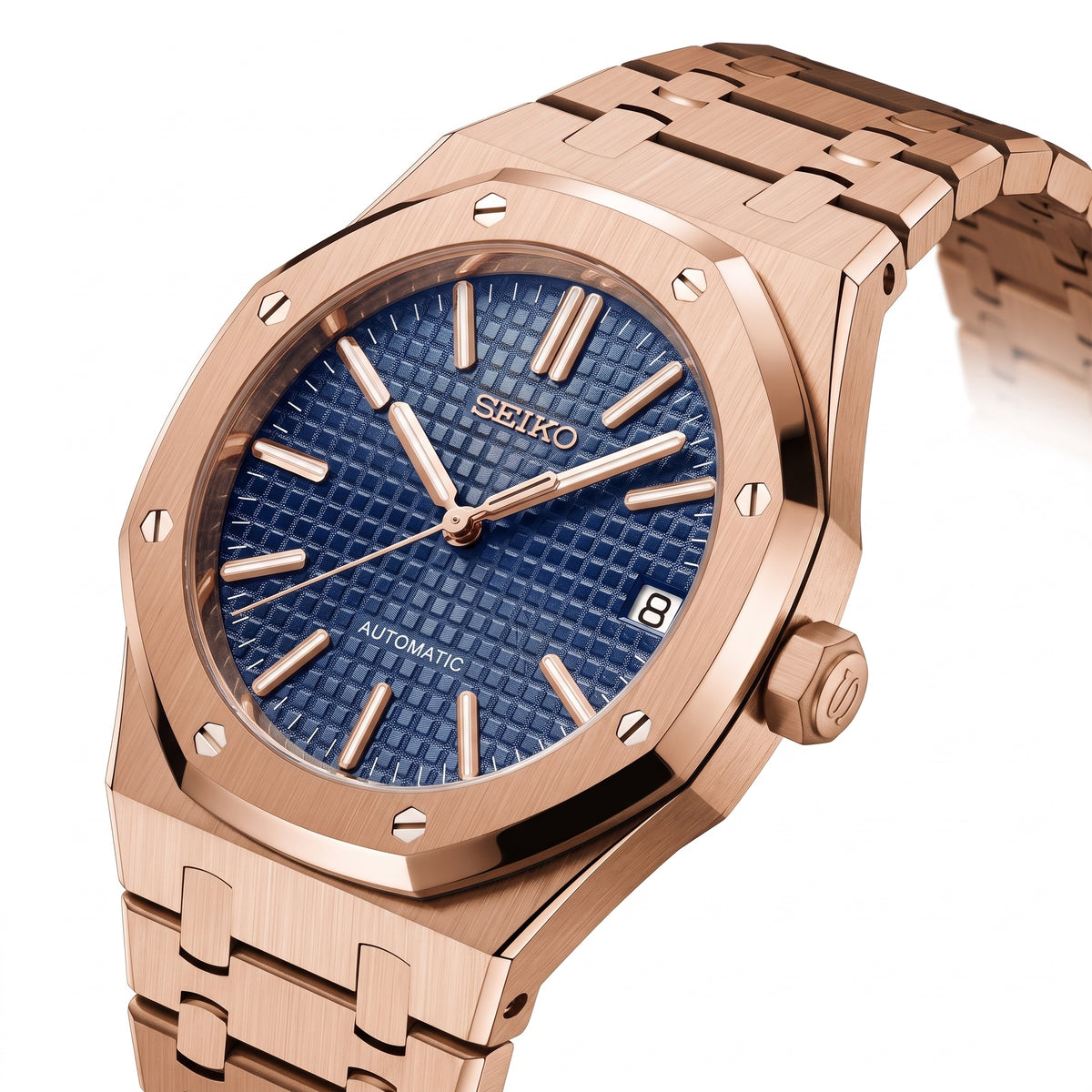 Seikoak Blue Rose Gold Seiko mod watch – blue dial, side view