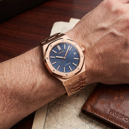 Seikoak Blue Rose Gold Seiko mod watch – blue dial, wrist shot