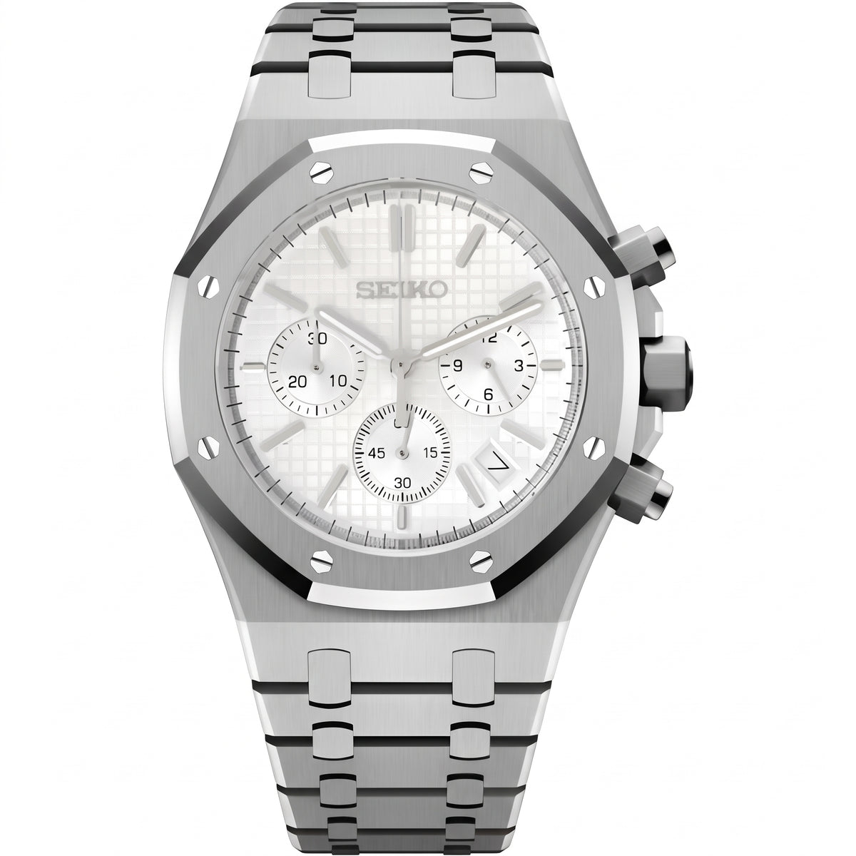 Seikoak White Chronograph Seiko mod watch – white dial, front view