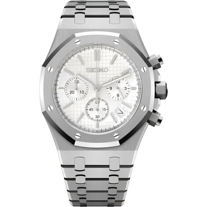 Seikoak White Chronograph Seiko mod watch – white dial, front view