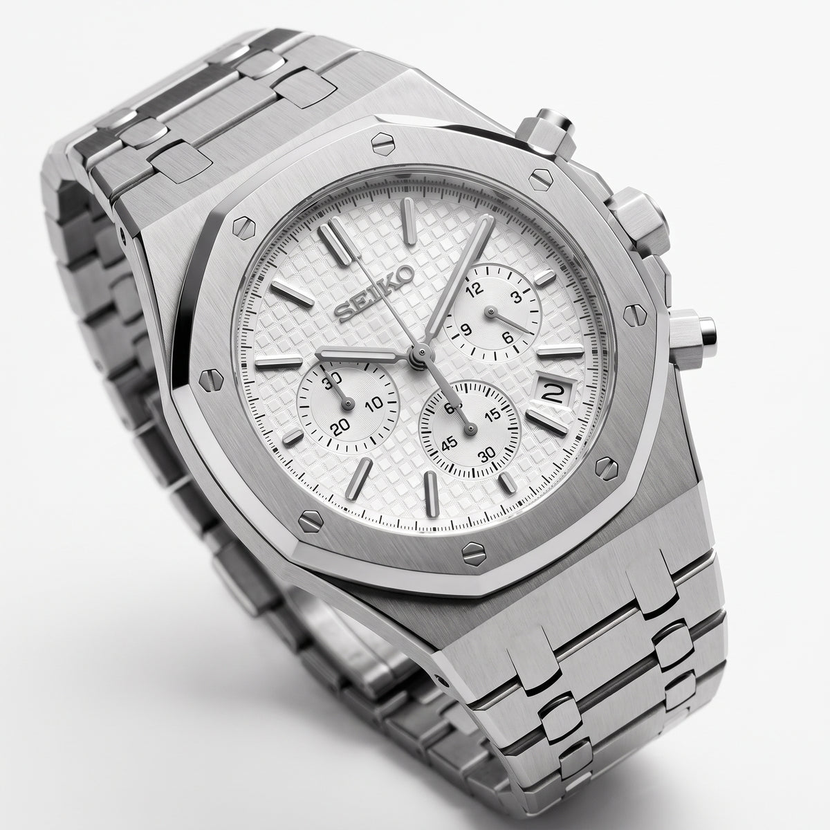 Seikoak White Chronograph Seiko mod watch – white dial, side view