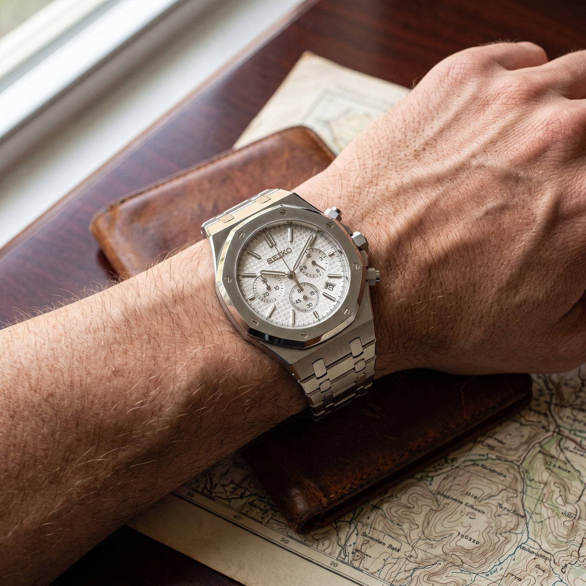 Seikoak White Chronograph Seiko mod watch – white dial, wrist shot