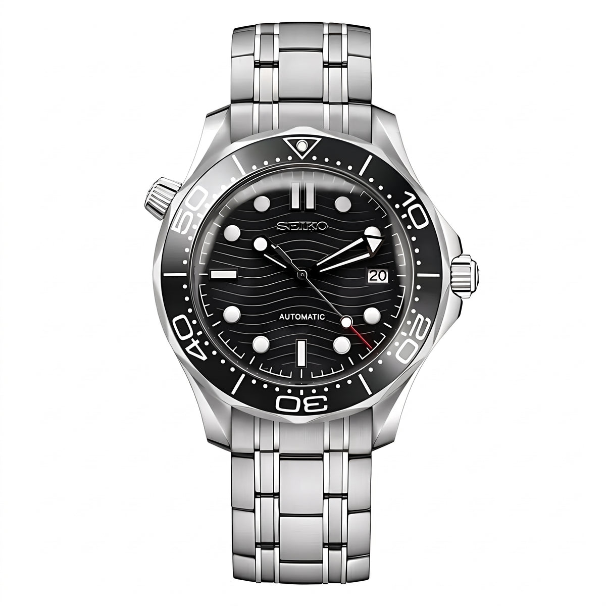 Seikomaster Black Seiko mod watch – black wave dial, front view