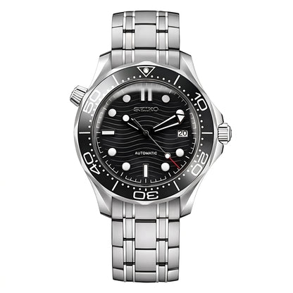 Seikomaster Black Seiko mod watch – black wave dial, front view