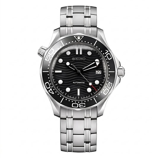 Seikomaster Black Seiko mod watch – black wave dial, front view