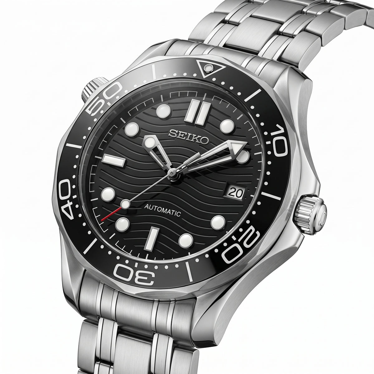 Seikomaster Black Seiko mod watch – black wave dial, side view