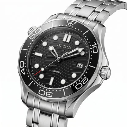 Seikomaster Black Seiko mod watch – black wave dial, side view