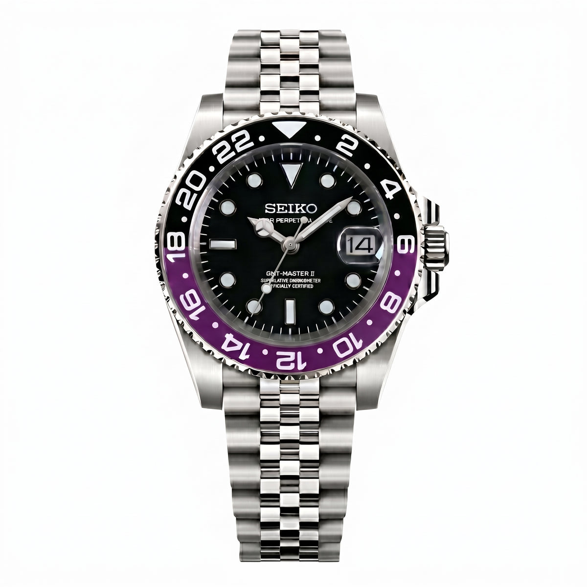 Seikomariner Joker Seiko mod watch – black dial, front view