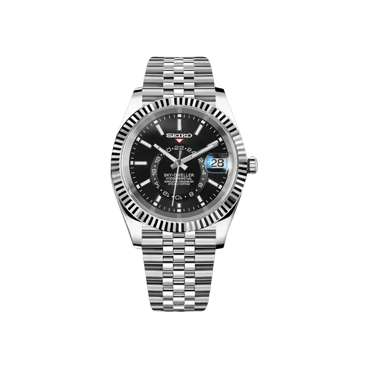Skyteiko Black Seiko mod Sky-Dweller style watch with black dial, front view